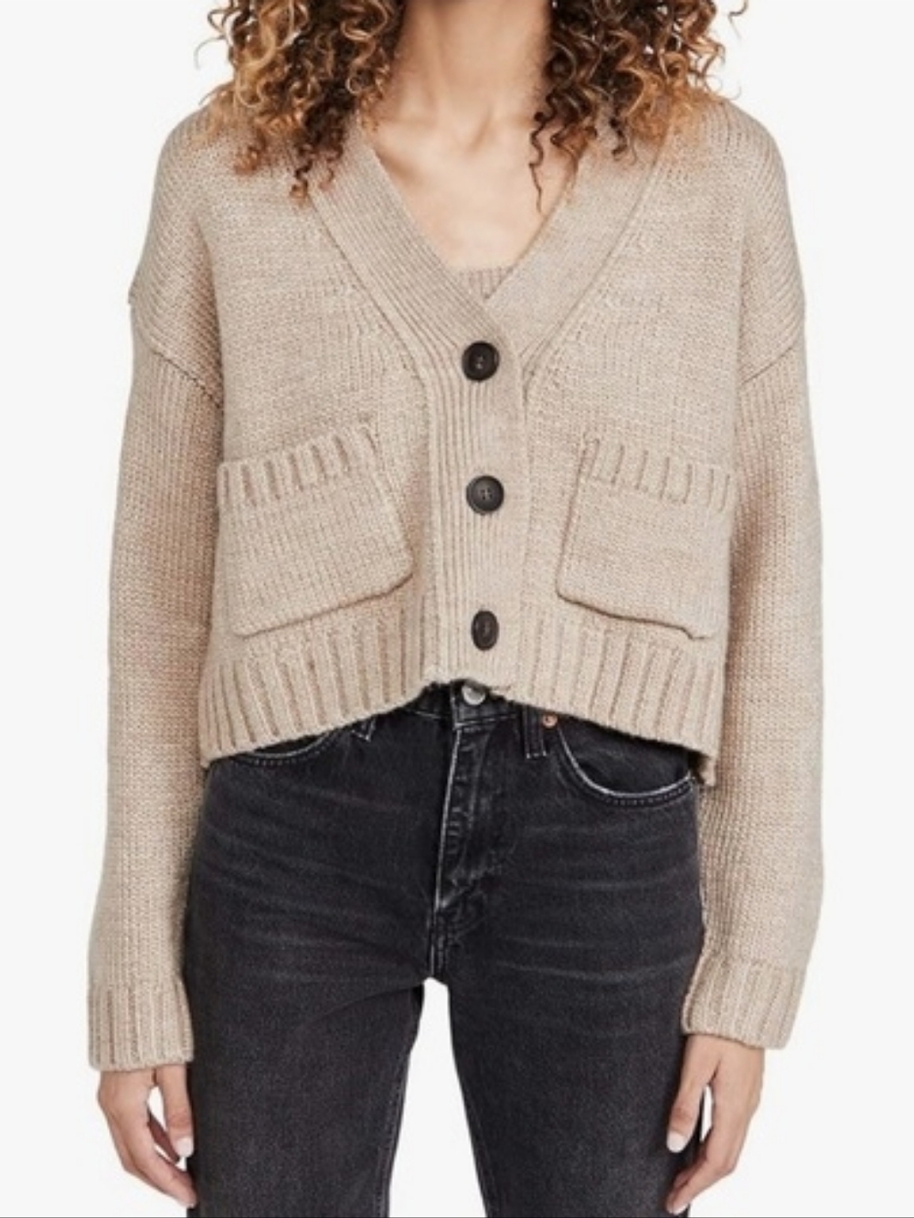 English Factory Beige Cropped V-Neck Pocket Cardigan